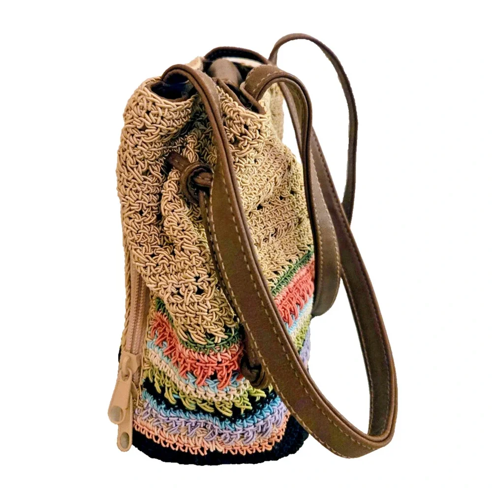 Rosetti Summer Boho Hippie Multicolor Stripes and Tan Raffia Look Handbag Purse
